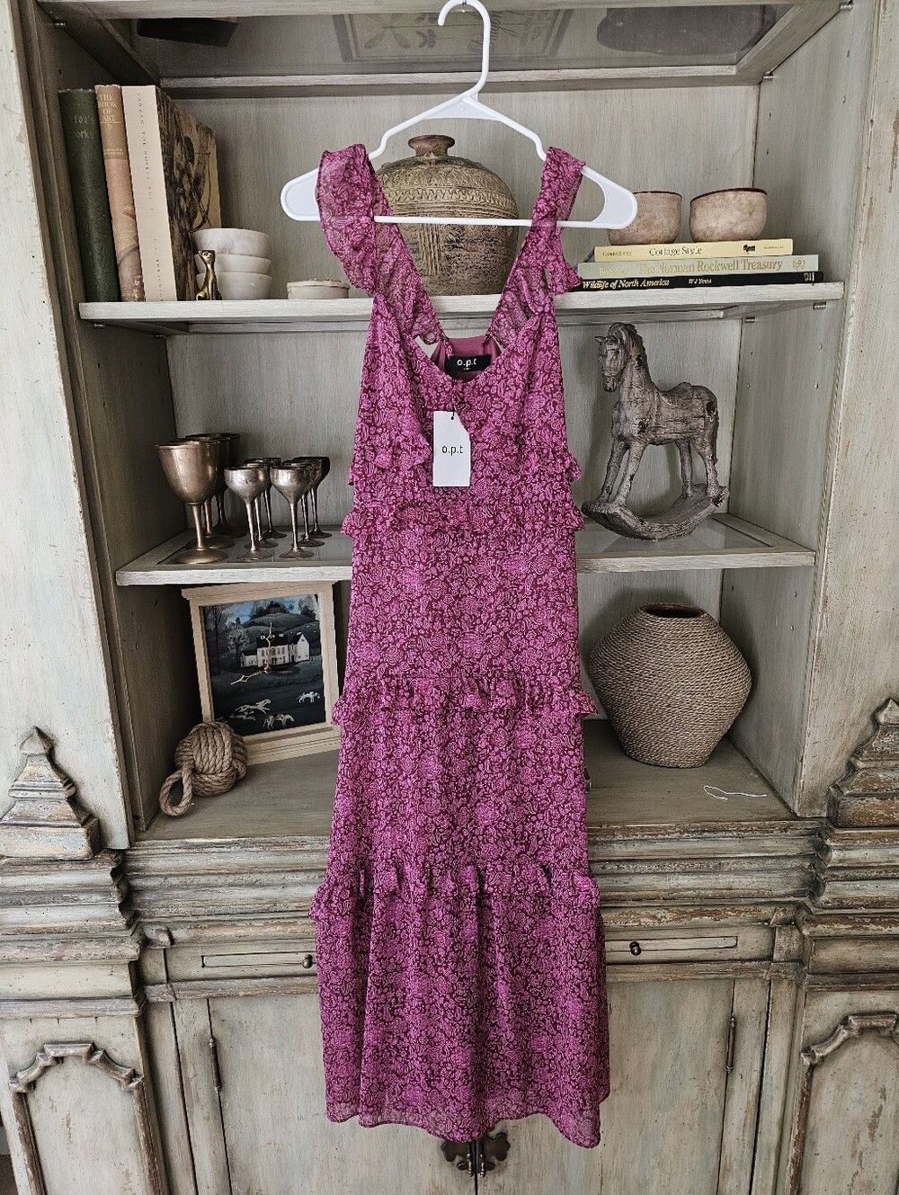 O.P.T One Pretty Time  Tiered Ruffle Pink Fuschia Maxi Dress - Picture 2 of 8